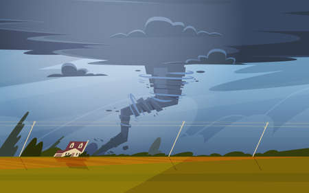 Tornado In Countryside Hurricane Landscape Of Storm Waterspout Twister In Field Natural Disaster Concept Flat Vector Illustrationのイラスト素材
