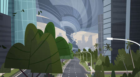Strong Tornado Destroy City Hurricane Damaging Town, Storm Waterspout Twister Between Buildings Natural Disaster Concept Flat Vector Illustrationのイラスト素材