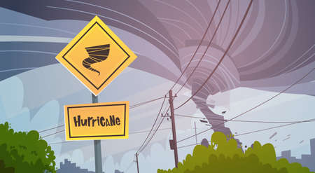 Road Sign Of Tornado Danger Hurricane Landscape Of Storm Waterspout Twister In Sky Natural Disaster Concept Flat Vector Illustrationのイラスト素材