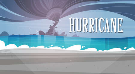 Tornado Incoming From Sea Hurricane In Ocean Beach Landscape Of Storm Waterspout Twister Natural Disaster Concept Flat Vector Illustrationのイラスト素材