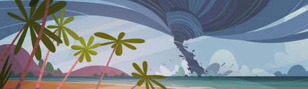 Tornado Incoming From Sea Hurricane In Ocean Beach Landscape Of Storm Waterspout Twister Natural Disaster Concept Flat Vector Illustrationのイラスト素材