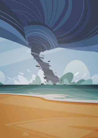 Tornado Incoming From Sea Hurricane In Ocean Beach Landscape Of Storm Waterspout Twister Natural Disaster Concept Flat Vector Illustrationのイラスト素材