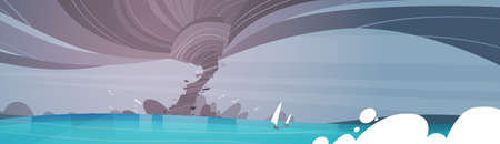 Tornado Incoming From Sea Hurricane In Ocean Beach Landscape Of Storm Waterspout Twister Natural Disaster Concept Flat Vector Illustrationのイラスト素材