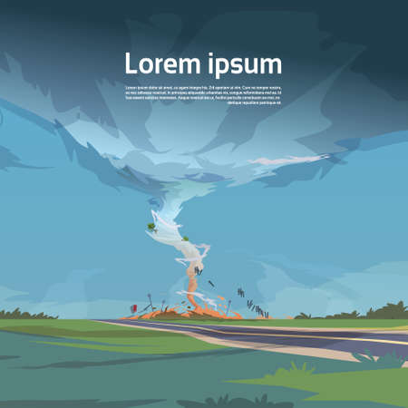 Tornado In Countryside Hurricane Landscape Of Storm Waterspout Twister In Field Natural Disaster Concept Flat Vector Illustrationのイラスト素材