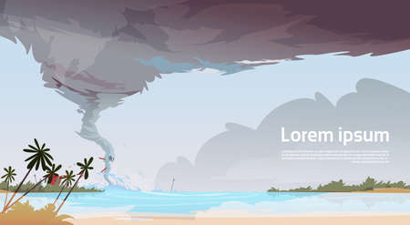 Tornado Incoming From Sea Hurricane In Ocean Beach Landscape Of Storm Waterspout Twister Natural Disaster Concept Flat Vector Illustrationのイラスト素材