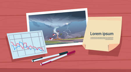 Twisting Tornado Image Of Hurricane Landscape And Damage Statistic Graph, Storm Waterspout In Countryside Natural Disaster Concept Flat Vector Illustrationのイラスト素材