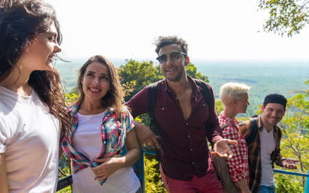 Young People Group Mountain View Point Happy Smiling Friends Talking Asian Holiday Summer Vacation Travelの写真素材