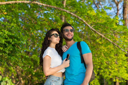 Couple Embracing Tropical Green Forest Summer Vacation, Beautiful Young People In Love, Man Woman...