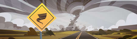 Road Sign Warning About Tornado, Twister Hurricane Countryside Wind Swirl Destroy Field Natural Disaster Concept Flat Vector Illustrationのイラスト素材