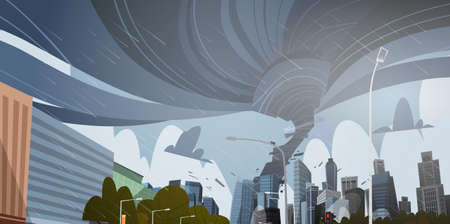 Swirling Tornado In City Destroy Buildings Hurricane Danger Huge Wind Waterspout Twister Storm Natural Disaster Concept Flat Vector Illustrationのイラスト素材