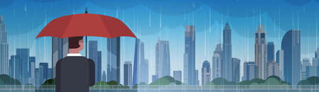 Man Holding Umbrella Look At Storm In City Huge Rain Background Hurricane Tornado In Town Natural Disaster Concept Vector Illustrationの写真素材