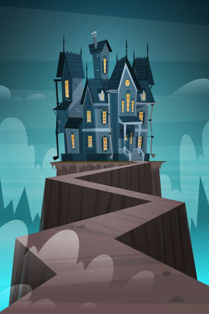 Gothic Castle House In Moonlight Scary Building With Ghosts Halloween Holiday Concept Flat Vector Illustrationのイラスト素材