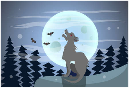 Wolf Howling On Moon At Night Halloween Banner Illustrationのイラスト素材