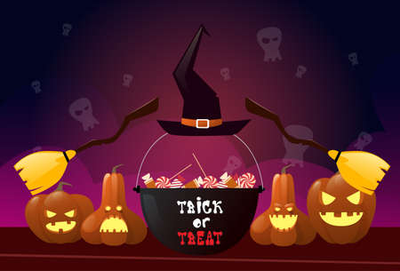 Happy Halloween Party Banner Pumpkins With Witch Broom And Pot Holiday Greeting Card Flat Vector Illustrationのイラスト素材