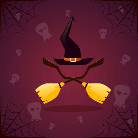 Silhouette Witch Broomstirck And Hat Happy Halloween Banner Holiday Decoration Horror Party Greeting Card Flat Vector Illustrationのイラスト素材