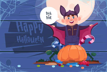 Cute Kid Wear Bat Costume, Happy Halloween Banner Party Celebration Concept Flat Vector Illustrationのイラスト素材