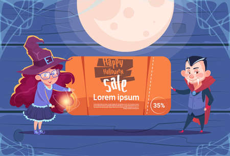 Halloween Sale Poster Witch And Dracula Hold Holiday Seasonal Discount Icon Concept Flat Vector Illustrationのイラスト素材