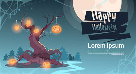 Happy Halloween Party Banner Pumpkins Hanging On Tree Traditional Decoration Holiday Greeting Card Flat Vector Illustrationのイラスト素材