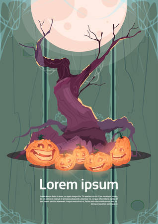Happy Halloween Party Banner Pumpkins Traditional Decoration Holiday Greeting Card Flat Vector Illustrationのイラスト素材