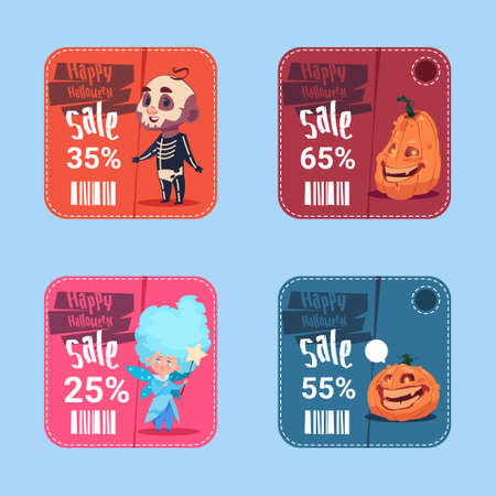 Halloween Sale Posters Set Holiday Seasonal Discount Icons Collection Concept Flat Vector Illustrationのイラスト素材