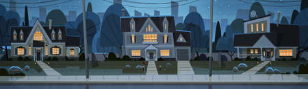 Houses Night View Suburb Of Big City, Cottage Real Estate Cute Town Concept Flat Vector Illustrationのイラスト素材