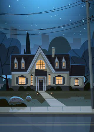 House Building Night View Suburb Of Big City, Cottage Real Estate Cute Town Concept Flat Vector Illustrationのイラスト素材