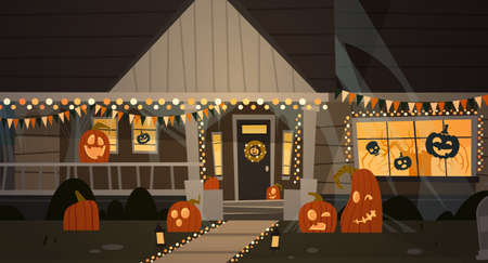 House Decorated For Halloween Home Building Front View With Different Pumpkins, Bats Holiday Celebration Concept Flat Vector Illustrationのイラスト素材