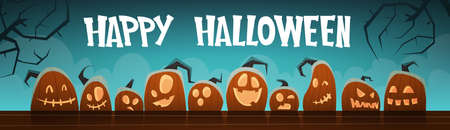 Happy Halloween Banner Different Pumpkins Traditional Decoration Greeting Card Flat Vector Illustrationのイラスト素材