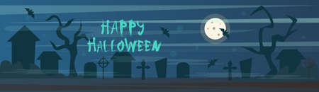 Happy Halloween Banner Cemetery Graveyard With Grave Stones At Night Flat Vector Illustrationのイラスト素材