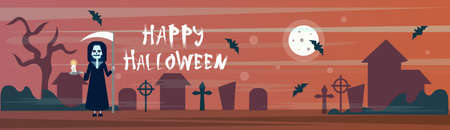 Happy Halloween Greeting Card Death With Scythe On Cemetery Graveyard With Grave Stones And BatsFlat Vector Illustrationのイラスト素材