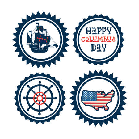 Happy Columbus Day National Usa Holiday Greeting Card Icon Set Isolated Flat Vector Illustrationのイラスト素材