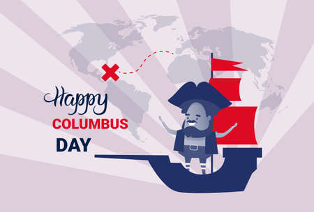 Happy Columbus Day National Usa Holiday Greeting Card With Ship Flat Vector Illustrationのイラスト素材