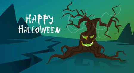 Happy Halloween Banner Trick Or Treat Concept Holiday Greeting Card Horror Scary Tree Flat Vector Illustrationのイラスト素材