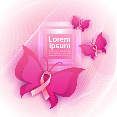 Pink Ribbon Butterfly Breast Cancer Awareness Banner Flat Vector Illustrationのイラスト素材