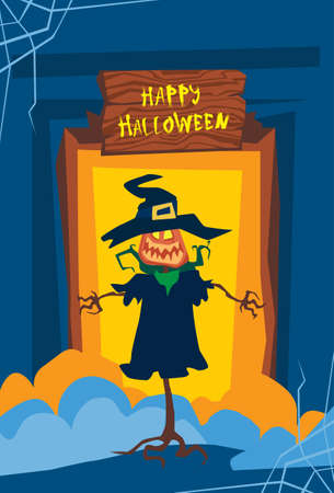 Happy Halloween Banner Jack Lantern Trick Or Treat Concept Holiday Greeting Card Flat Vector Illustrationのイラスト素材