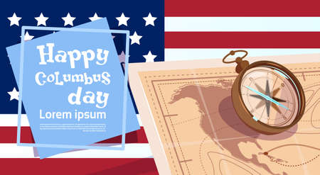 Happy Columbus Day America Discover Holiday Poster Greeting Card Flat Vector Illustrationのイラスト素材