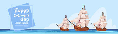 Happy Columbus Day Ship In Ocean On Holiday Poster Greeting Card Flat Vector Illustrationのイラスト素材