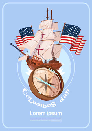 Happy Columbus Day America Discover Holiday Poster Greeting Card Flat Vector Illustrationのイラスト素材
