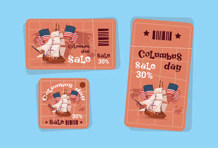 Columbus Day Seasonal Holiday Sale Tags Shopping Discount Icons America Discover Greeting Card Flat Vector Illustrationのイラスト素材