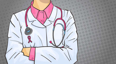 Female doctor wearing pink ribbon on coat icon.のイラスト素材