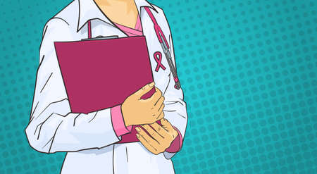 Female doctor wearing pink ribbon on coat icon.のイラスト素材