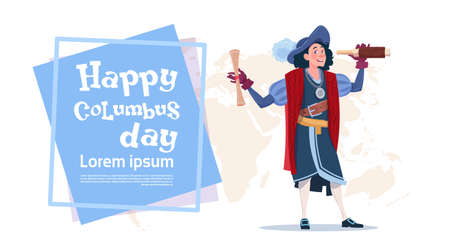 Happy Columbus Day American Discovery Holiday Poster Greeting Card Flat Vector Illustrationのイラスト素材