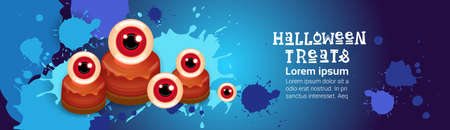 Halloween Treats Banner Happy Holiday Concept Greeting Card Horror Party Scary Sweets Flat Vector Illustrationのイラスト素材