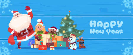 Santa Claus With Elfs Over Christmas Tree On Happy New Year Greeting Card Holiday Concept Flat Vector Illustrationのイラスト素材