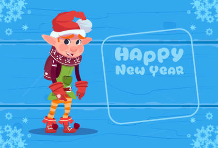 Cute Elf On Happy New Year Greeting Card Christmas Holiday Concept Flat Vector Illustrationのイラスト素材