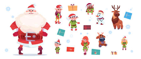 Santa Claus With Elfs Set Isolated Characters On White Background Happy New Year And Merry Christmas Holiday Concept Flat Vector Illustrationのイラスト素材