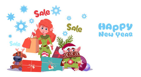 New Year Sale Banner Holiday Discounts Promotion Label Christmas Shopping Concept Flat Vector Illustrationのイラスト素材