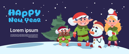 Cute Elf On Happy New Year Greeting Card Merry Christmas Holiday Concept Flat Vector Illustrationのイラスト素材