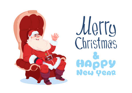 Merry Christmas And Happy New Year Greeting Card With Santa Claus Sitting In Armchair Winter Holidays Banner Concept Flat Vector Illustrationのイラスト素材
