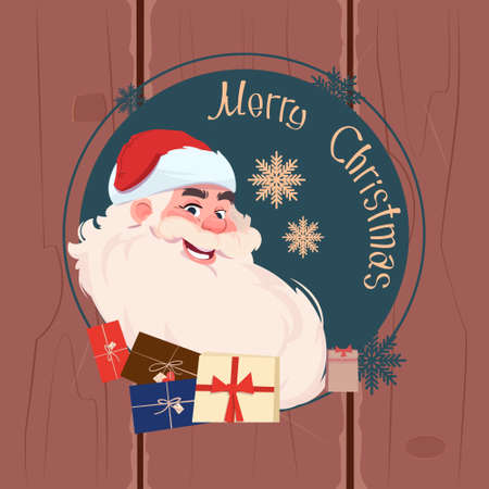 Merry Christmas And Happy New Year Greeting Card With Santa Claus Winter Holidays Banner Concept Flat Vector Illustrationのイラスト素材